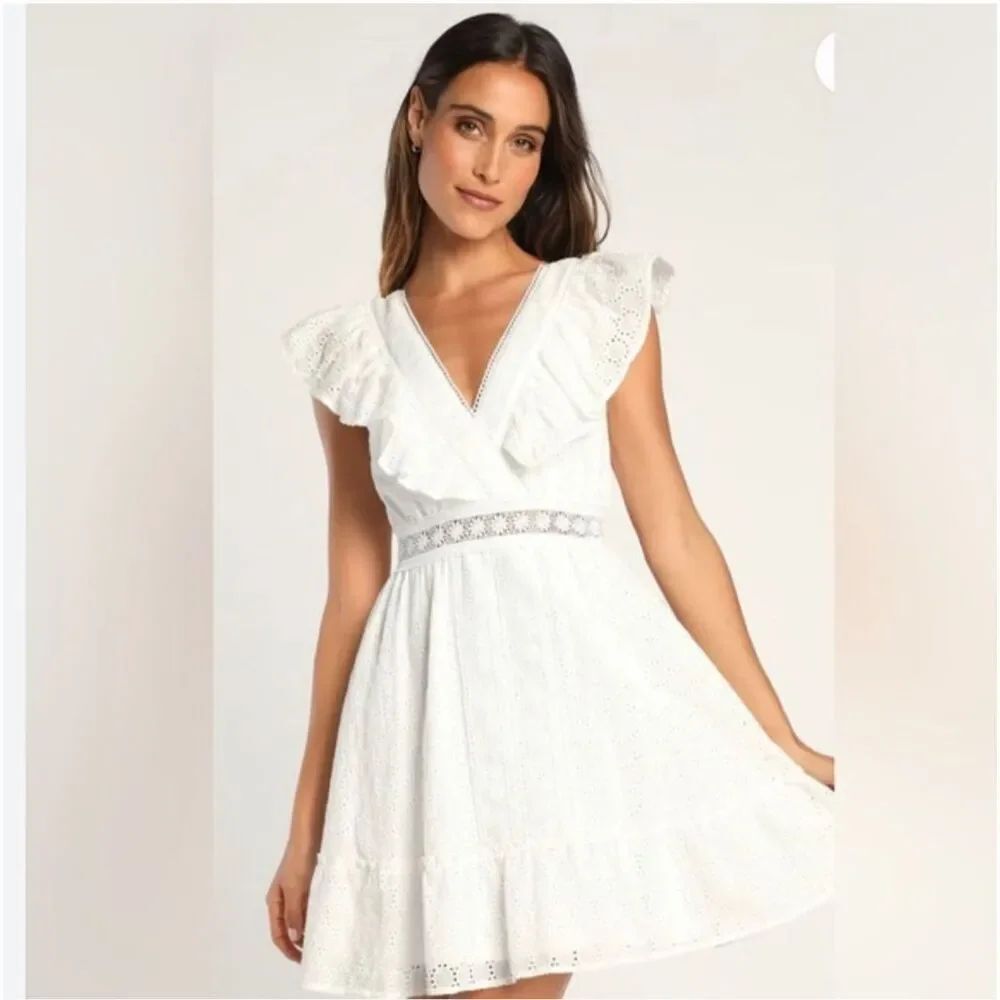 NWT Lulus Number One Cutie White Sleeveless Ruffled Skater Mini Dress Women’s Me
